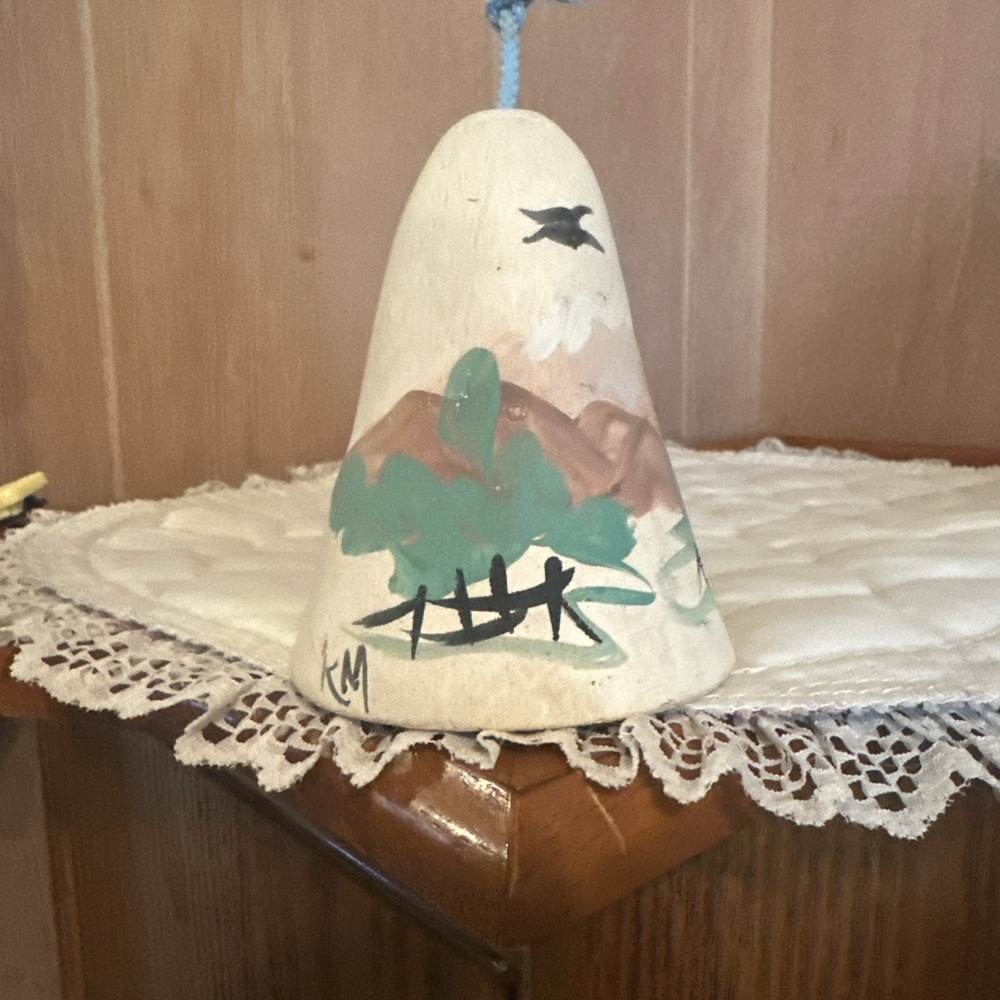 Ceramic Clay Pottery Bell Southwest Desert Cactus , Hand painted, Vintage Signed